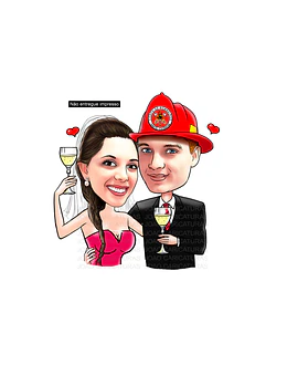 Caricaturas  casamento,  caricatura noiva abraçada com noivo bombeiro, puxando pela mangueira, noivo amarrado