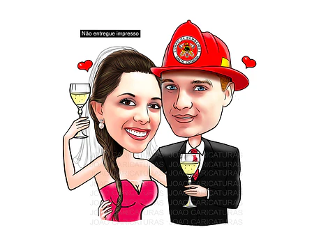 Caricaturas  casamento,  caricatura noiva abraçada com noivo bombeiro, puxando pela mangueira, noivo amarrado