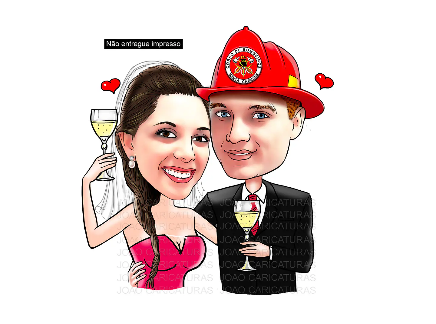 Caricaturas  casamento,  caricatura noiva abraçada com noivo bombeiro, puxando pela mangueira, noivo amarrado 1