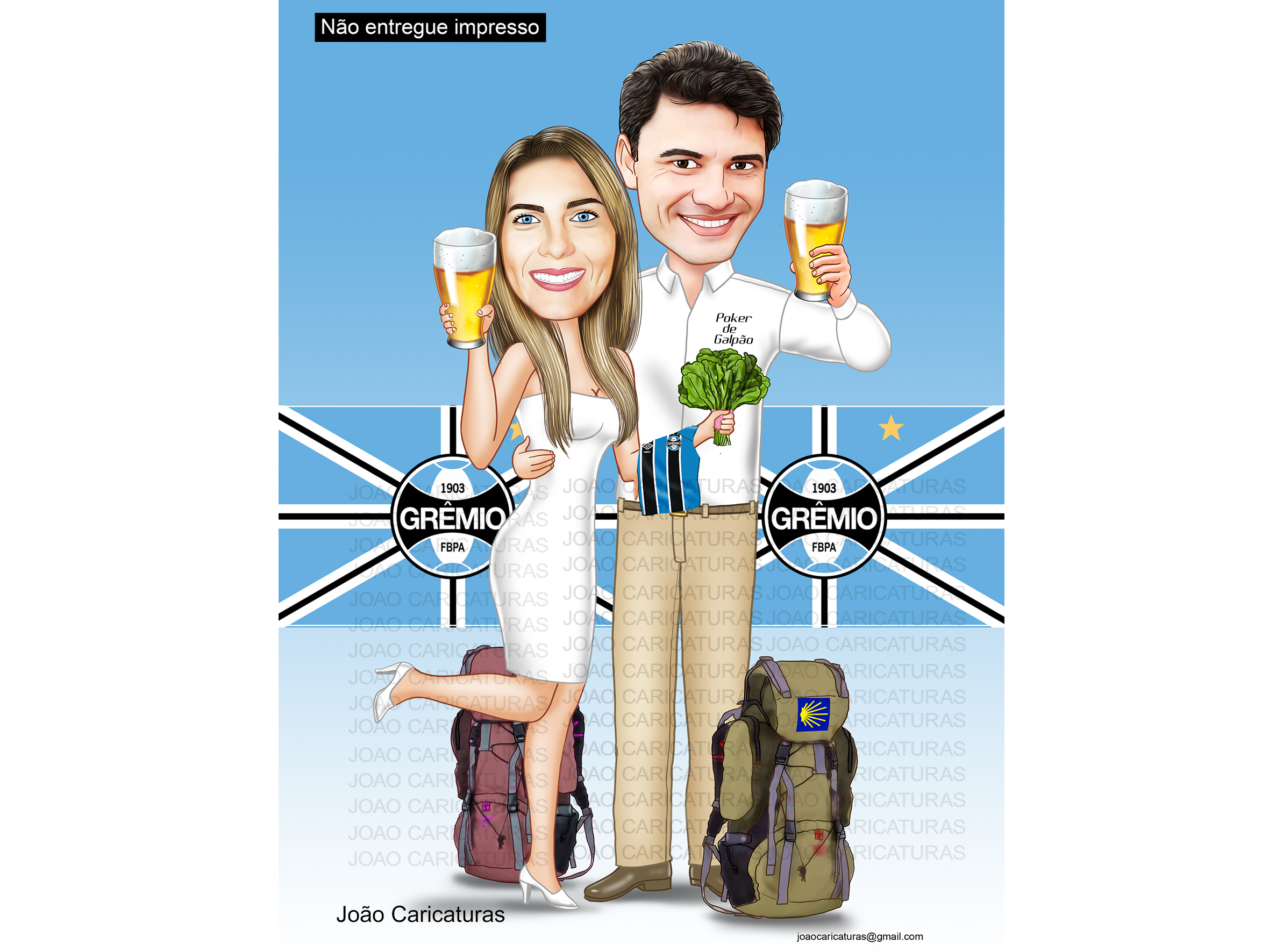 Caricaturas casal, casamento, namorados, camping, vegetariana,copo cerveja, chopp, acampamento, trilhas, esportista, torcedores gremistas, time grêmio, presente, bodas, aniversário.
