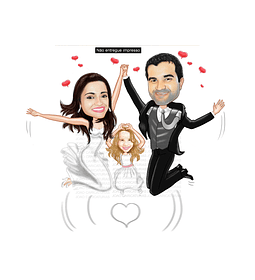 Caricatura de casamento, casal com filha pulando, saltando para foto, matrimõnio, para convite de casamento,caricatura para decoração da festa