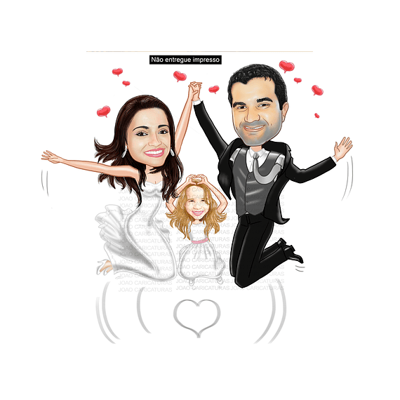 Caricatura de casamento, casal com filha pulando, saltando para foto, matrimõnio, para convite de casamento,caricatura para decoração da festa