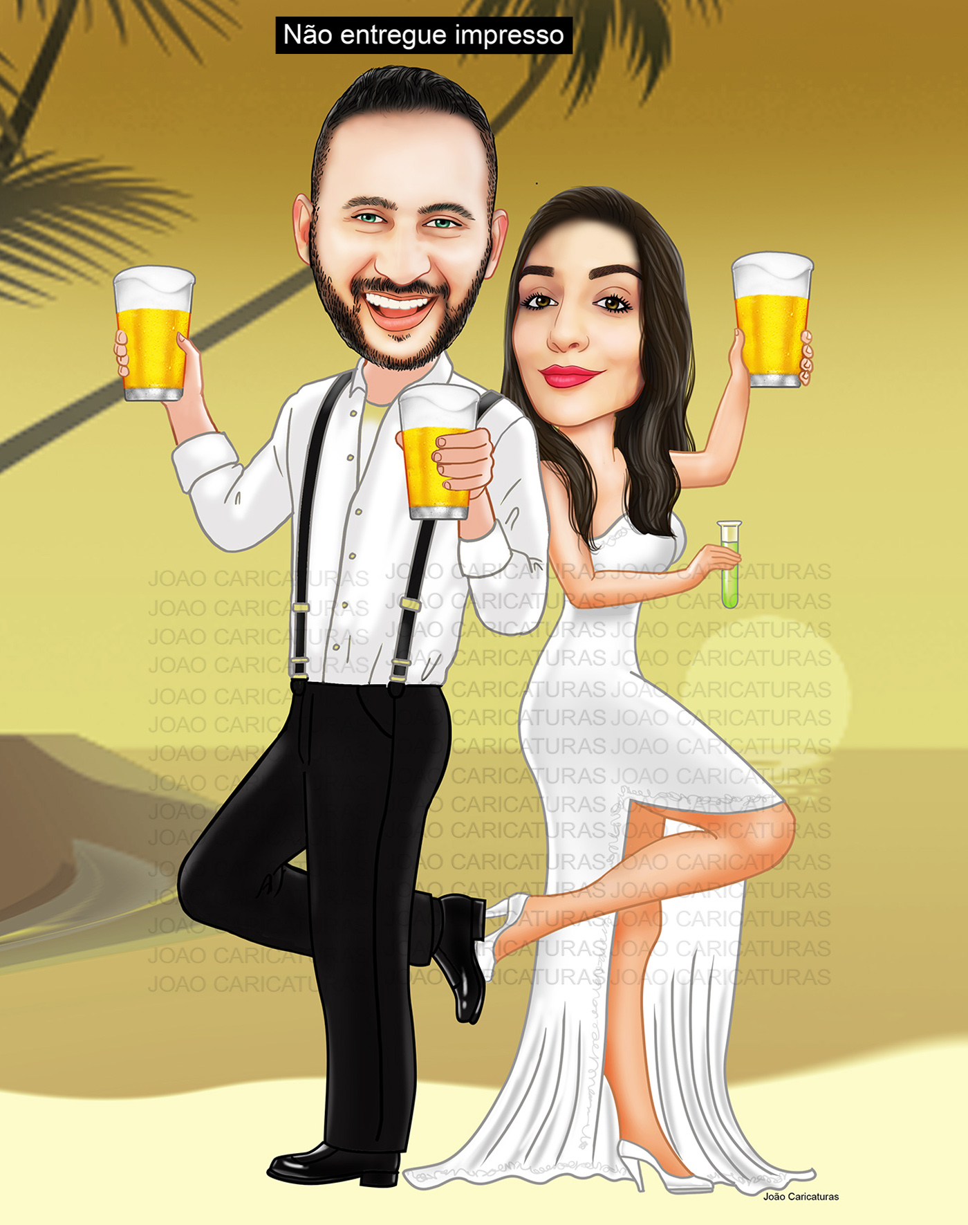 Caricaturas  casamento, casal de noivos bebendo, comemorando em luau,praia, coqueiros,sol se pondo, correntes, cadeado, violão, cantor, músico, tocador