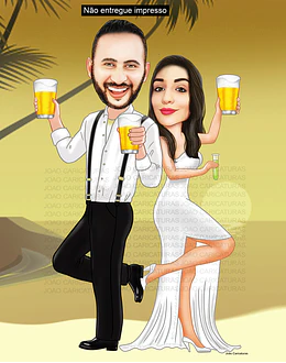 Caricaturas  casamento, casal de noivos bebendo, comemorando em luau,praia, coqueiros,sol se pondo, correntes, cadeado, violão, cantor, músico, tocador