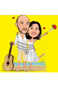 Caricaturas  casamento, casal de noivos bebendo, comemorando em luau,praia, coqueiros,sol se pondo, correntes, cadeado, violão, cantor, músico, tocador