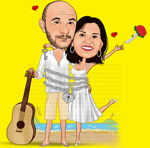 Caricaturas  casamento, casal de noivos bebendo, comemorando em luau,praia, coqueiros,sol se pondo, correntes, cadeado, violão, cantor, músico, tocador