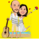 Caricaturas  casamento, casal de noivos bebendo, comemorando em luau,praia, coqueiros,sol se pondo, correntes, cadeado, violão, cantor, músico, tocador