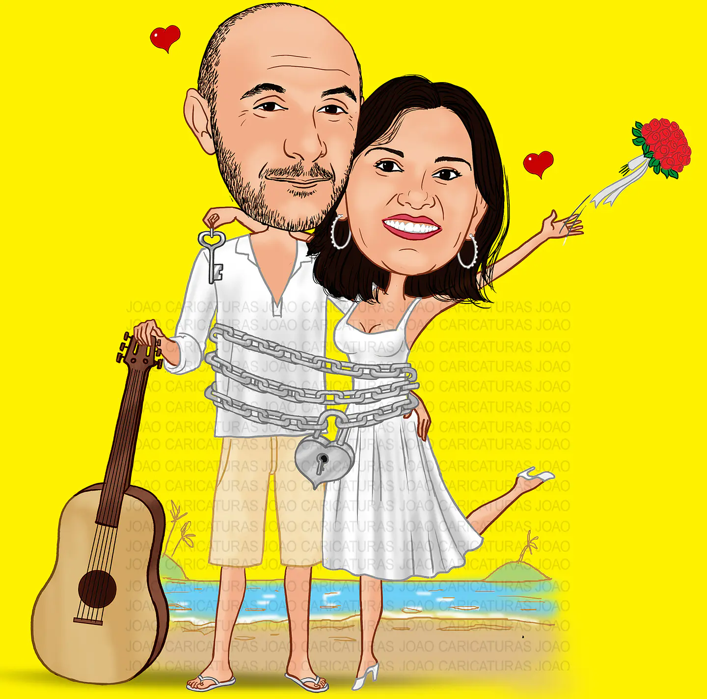 Caricaturas  casamento, casal de noivos bebendo, comemorando em luau,praia, coqueiros,sol se pondo, correntes, cadeado, violão, cantor, músico, tocador 2