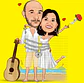 Caricaturas  casamento, casal de noivos bebendo, comemorando em luau,praia, coqueiros,sol se pondo, correntes, cadeado, violão, cantor, músico, tocador - Thumbnail 2