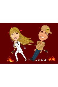 Caricaturas  casamento,  caricatura noiva abraçada com noivo bombeiro, puxando pela mangueira, noivo amarrado