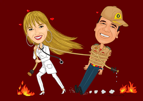 Caricaturas  casamento,  caricatura noiva abraçada com noivo bombeiro, puxando pela mangueira, noivo amarrado