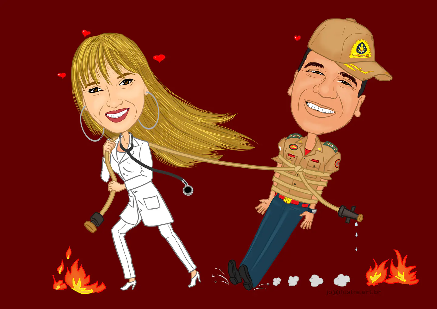 Caricaturas  casamento,  caricatura noiva abraçada com noivo bombeiro, puxando pela mangueira, noivo amarrado 2