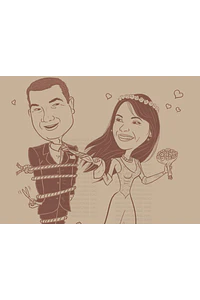 Caricatura casal  traço sem cor corel casamento com pandeiro, noivo, noiva enfermeira, vetor, vetorial, 1 cor, puxando gravata, igreja,