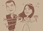 Caricatura casal  traço sem cor corel casamento com pandeiro, noivo, noiva enfermeira, vetor, vetorial, 1 cor, puxando gravata, igreja, - Thumbnail 2