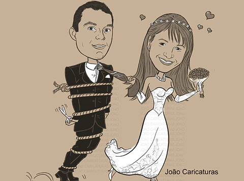 Caricatura casal  traço sem cor corel casamento com pandeiro, noivo, noiva enfermeira, vetor, vetorial, 1 cor, puxando gravata, igreja,
