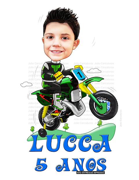 Caricatura aniversário criança filho neto sobrinho  moto motoquinha bebê motoqueiro camisa time galinha bebê garoto filho menino pat animal estimação 3 4 5 6 7 8 9 10 anos