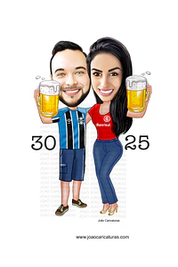 Caricatura digital de casal bodas namorados namoro abraçados aniversário camisa time grêmio celular cerveja chopp rosto normal Santos. gostosa internacional times sereia mulherão 