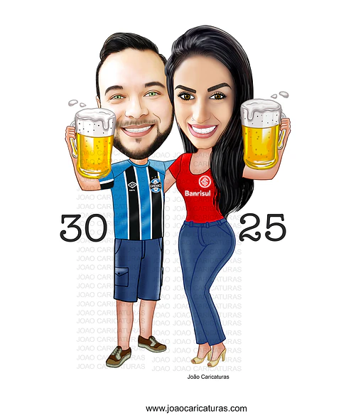 Caricatura digital de casal bodas namorados namoro abraçados aniversário camisa time grêmio celular cerveja chopp rosto normal Santos. gostosa internacional times sereia mulherão 