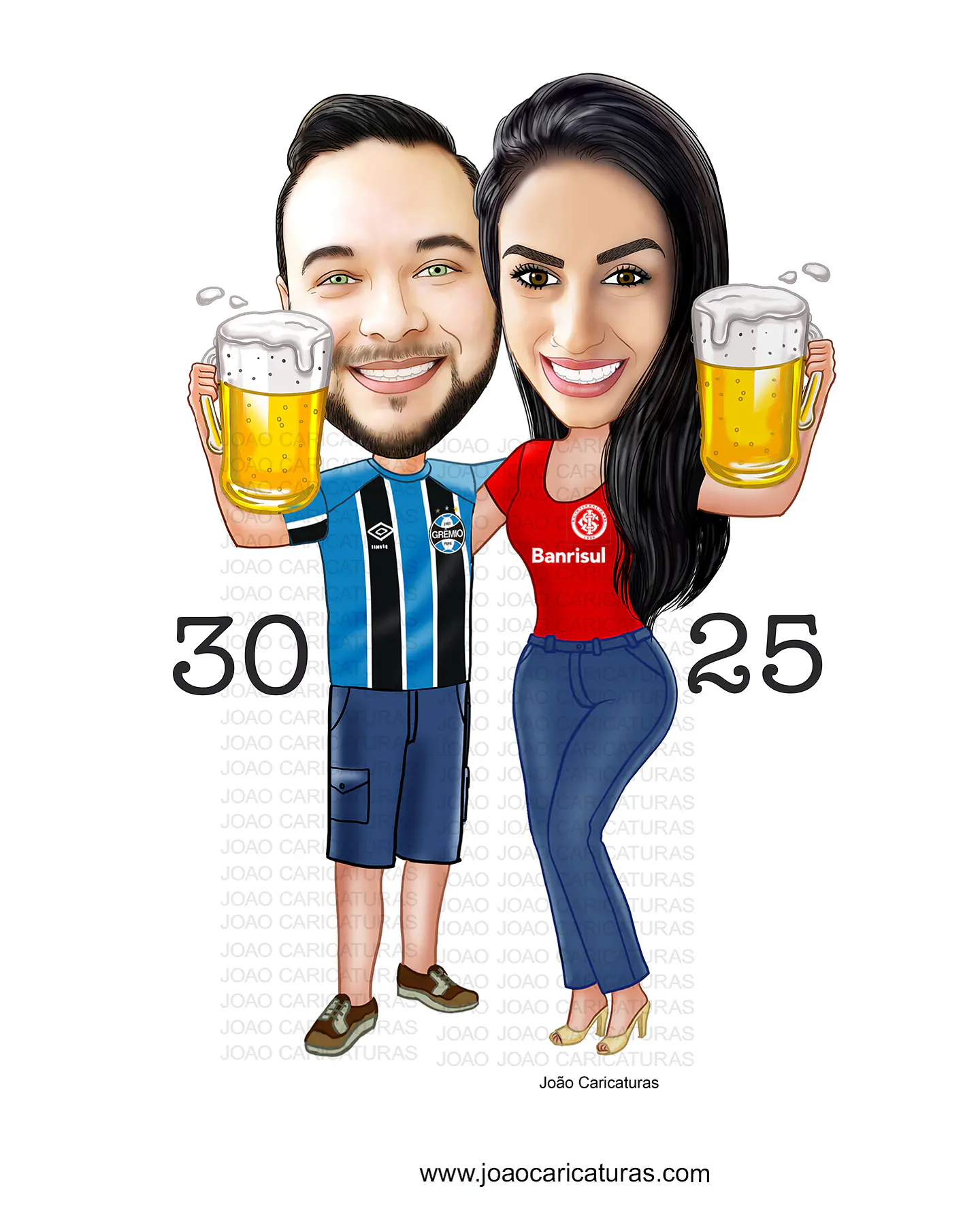 Caricatura digital de casal bodas namorados namoro abraçados aniversário camisa time grêmio celular cerveja chopp rosto normal Santos. gostosa internacional times sereia mulherão  2
