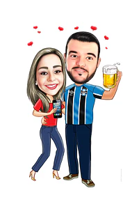 Caricatura digital de casal bodas namorados namoro abraçados aniversário camisa time grêmio celular cerveja chopp rosto normal Santos. gostosa internacional times sereia mulherão 