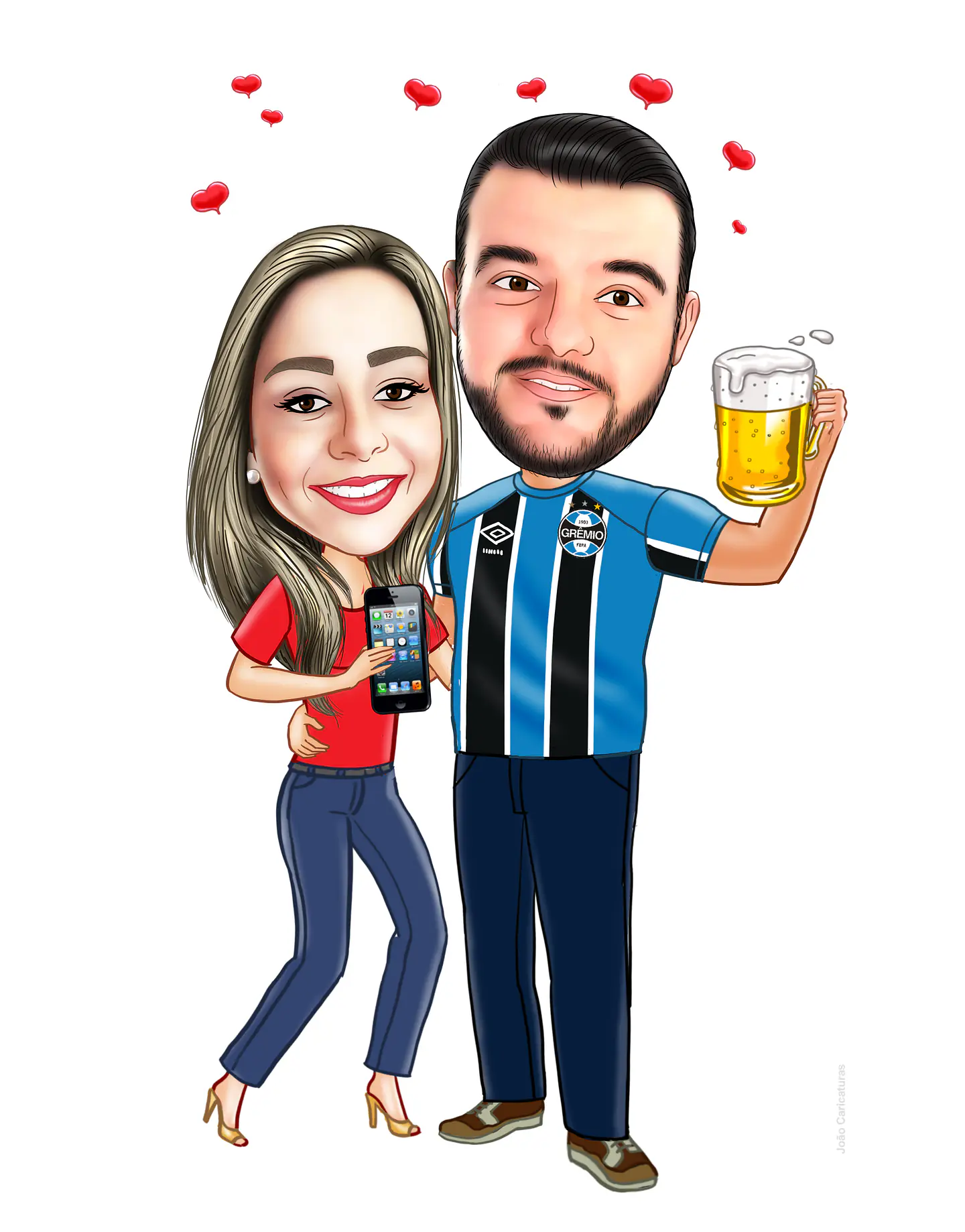 Caricatura digital de casal bodas namorados namoro abraçados aniversário camisa time grêmio celular cerveja chopp rosto normal Santos. gostosa internacional times sereia mulherão  4