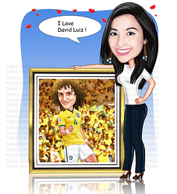 Caricatura digital de fã admiradora de futebol craque  jogador garota mulher com quadro na mão.