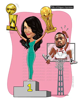 Caricatura namorada vitoriosa segurando trófeu de basquet namorado dentro da cesta campeã primeira colocada