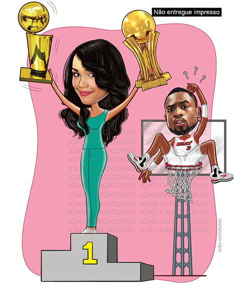 Caricatura namorada vitoriosa segurando trófeu de basquet namorado dentro da cesta campeã primeira colocada