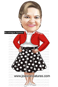 Caricatura mulher Aniversariante festa estilo anos 50 60 70 80 vestido bolinha amarelinha sra idosa velha guarda caricatura desenho letras letreiro moda vestimenta