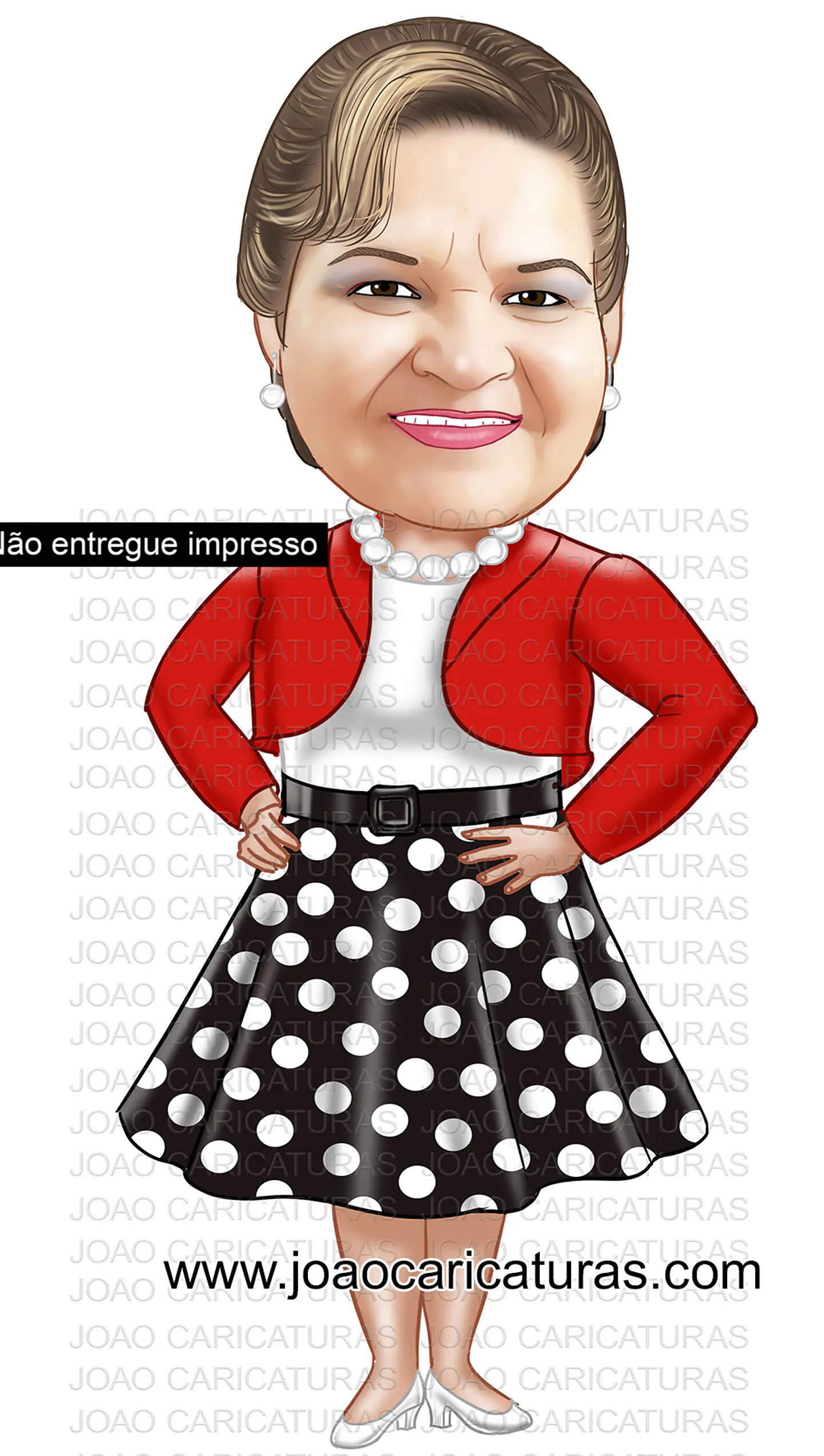 Caricatura mulher Aniversariante festa estilo anos 50 60 70 80 vestido bolinha amarelinha sra idosa velha guarda caricatura desenho letras letreiro moda vestimenta 3