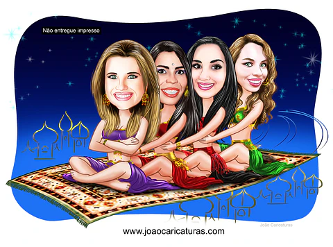Caricatura aniversário mulher (valor por pessoa) mãe filha , odalisca, voando, tapete voador, arábia,mil e umas noites 1001