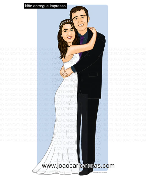 Caricatura casamento cabeça proporcional ao corpo realista noivos abraçados apaixonados 