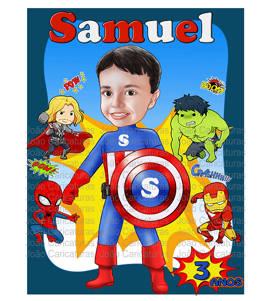  Caricatura digital Caricatura Aniversário heróis super menino garoto boy vingadores avenger Capitão América hulk, homem de ferro, hopmem aranha, thor