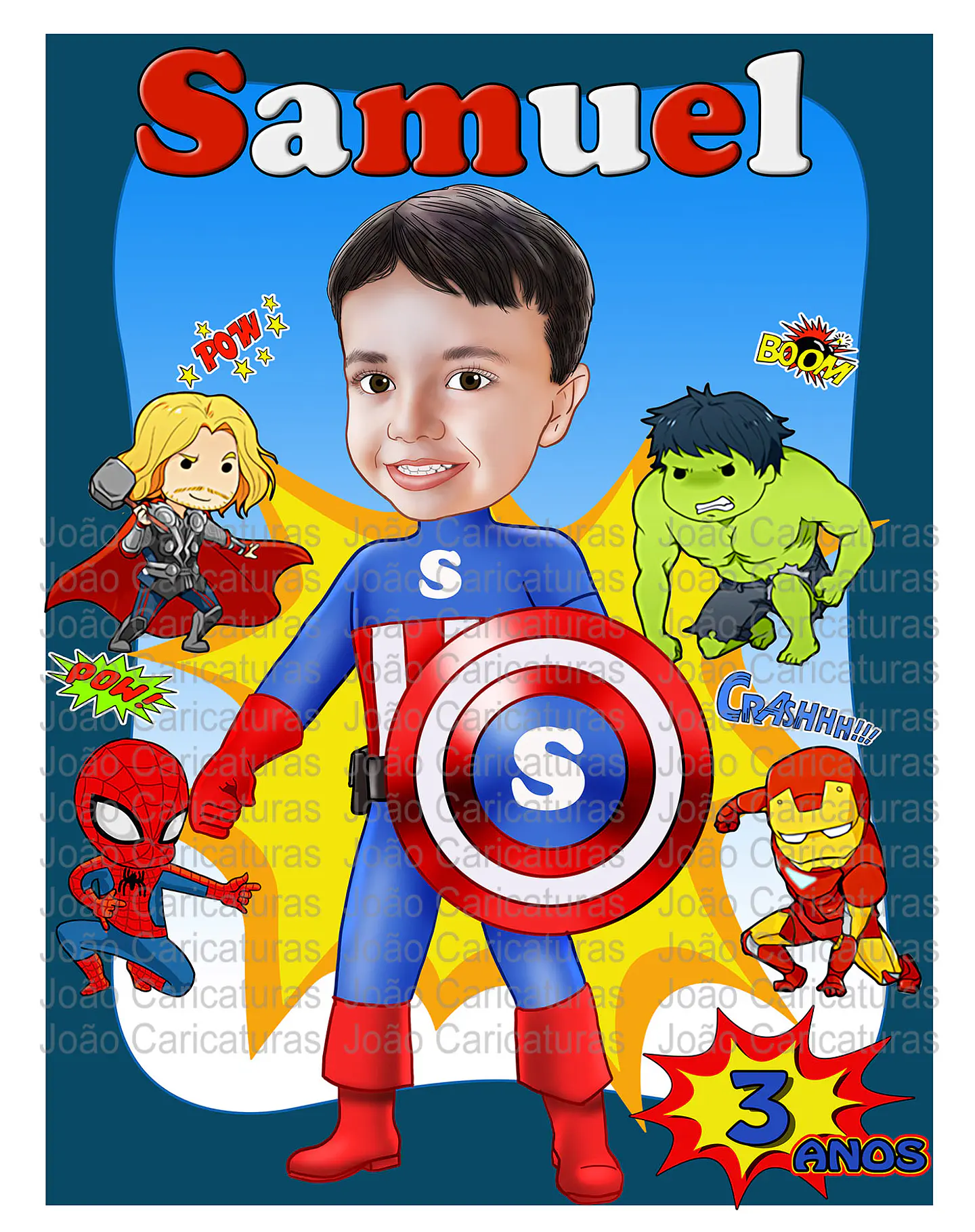  Caricatura digital Caricatura Aniversário heróis super menino garoto boy vingadores avenger Capitão América hulk, homem de ferro, hopmem aranha, thor 2