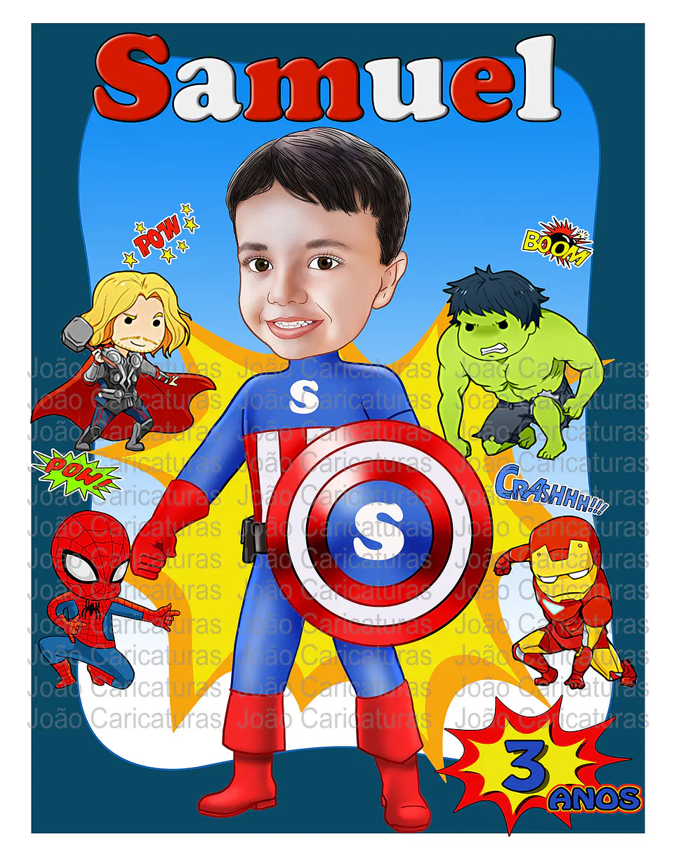  Caricatura digital Caricatura Aniversário heróis super menino garoto boy vingadores avenger Capitão América hulk, homem de ferro, hopmem aranha, thor 2