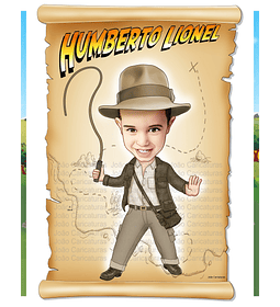 Caricatura aniversário menino vestido de Indiana Jones, aventura, tesouro, chicote
