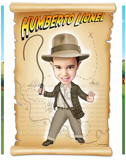 Caricatura aniversário menino vestido de Indiana Jones, aventura, tesouro, chicote