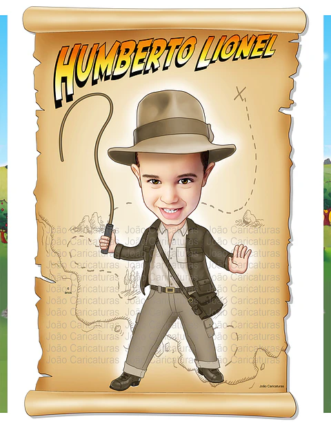Caricatura aniversário menino vestido de Indiana Jones, aventura, tesouro, chicote