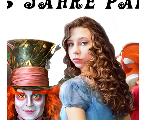 Caricatura personalizada de aniversário 15 anos, banner Boas vindas( 1,8m altura enviado p o cliente imprimir), debutante, Alice no país das Maravilhas, Johnny Deep, chapeleiro maluco, rainha, coelho