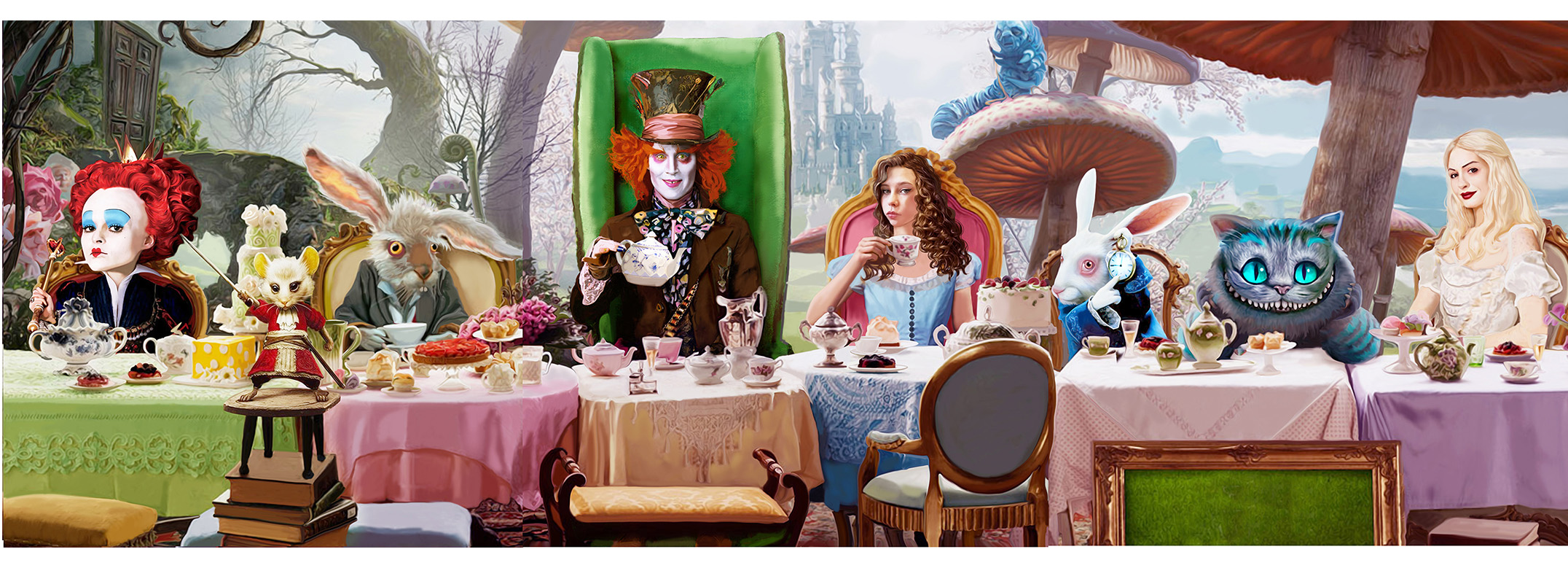 Caricatura personalizada de aniversário 15 anos,(banner 6mx2m enviado p o cliente imprimir), mesa  personagens Alice no país das Maravilhas, Johnny Deep, chapeleiro maluco, rainha, coelho debutante, 