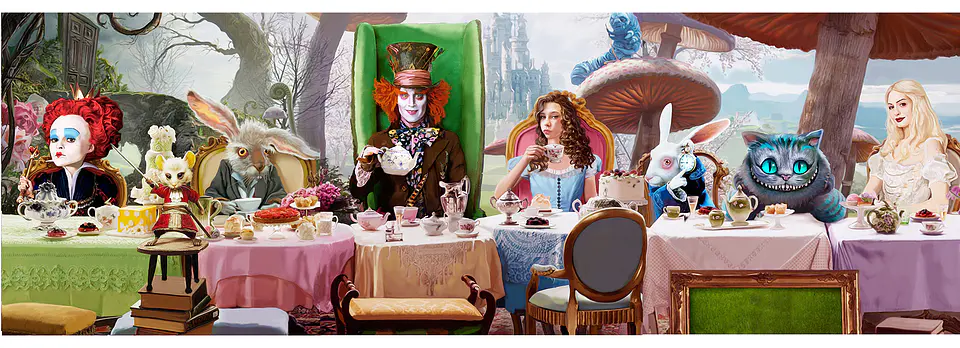 Caricatura personalizada de aniversário 15 anos,(banner 6mx2m enviado p o cliente imprimir), mesa  personagens Alice no país das Maravilhas, Johnny Deep, chapeleiro maluco, rainha, coelho debutante,  1