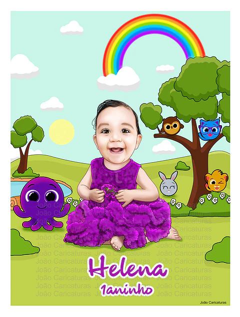 Caricatura bebê 1 aninho  aniversário menina linda convite tema bolofofos