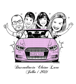 Caricatura de família feliz Mary Kay  dentro carro rosa, desenho em preto e branco preço por pessoa , marido, esposa dirigindo e filhos