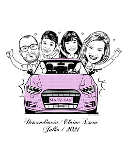 Caricatura de família feliz Mary Kay  dentro carro rosa, desenho em preto e branco preço por pessoa , marido, esposa dirigindo e filhos