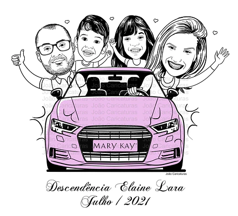 Caricatura de família feliz Mary Kay  dentro carro rosa, desenho em preto e branco preço por pessoa , marido, esposa dirigindo e filhos