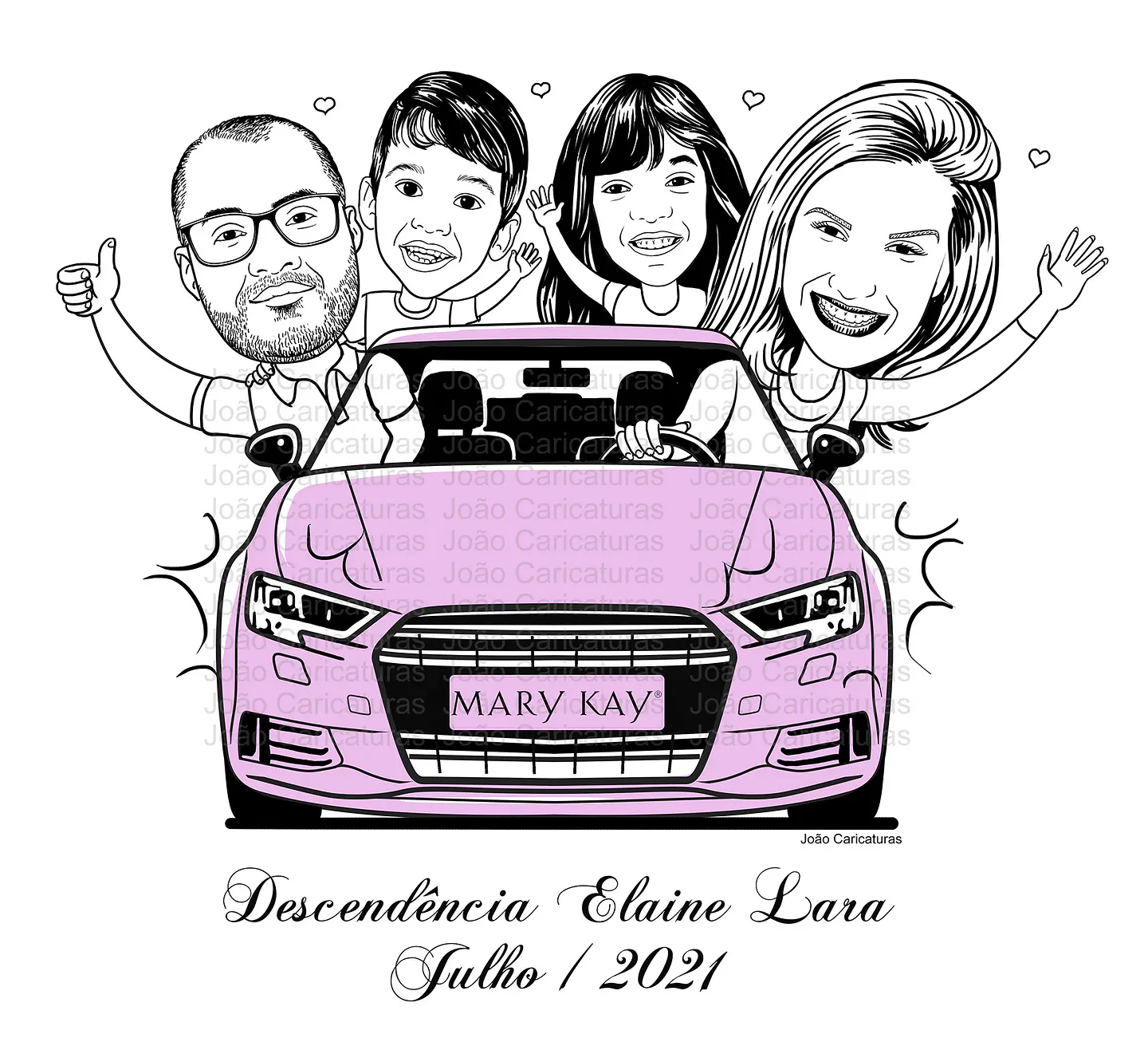 Caricatura de família feliz Mary Kay  dentro carro rosa, desenho em preto e branco preço por pessoa , marido, esposa dirigindo e filhos 1