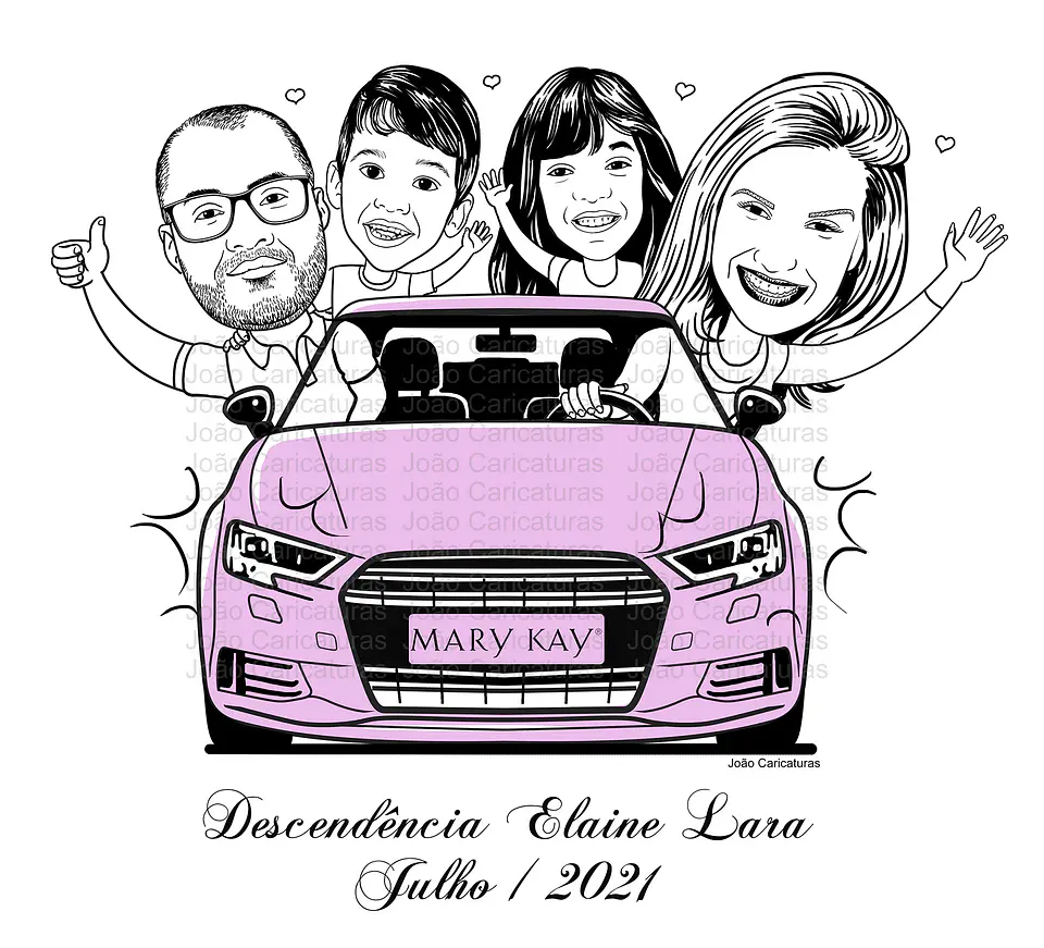 Caricatura de família feliz Mary Kay  dentro carro rosa, desenho em preto e branco preço por pessoa , marido, esposa dirigindo e filhos 1