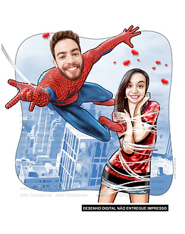 Caricatura de aniversário namorados casal marido mulher herói, homem aranha, namorada presa, amarrada na teia, noivos, casamento ,noiva no colo