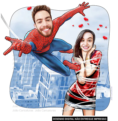 Caricatura de aniversário namorados casal marido mulher herói, homem aranha, namorada presa, amarrada na teia, noivos, casamento ,noiva no colo