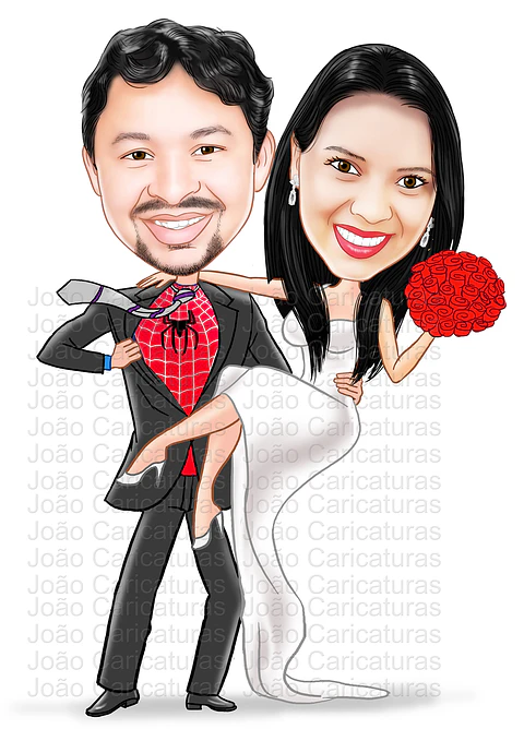 Caricatura de aniversário namorados casal marido mulher herói, homem aranha, namorada presa, amarrada na teia, noivos, casamento ,noiva no colo